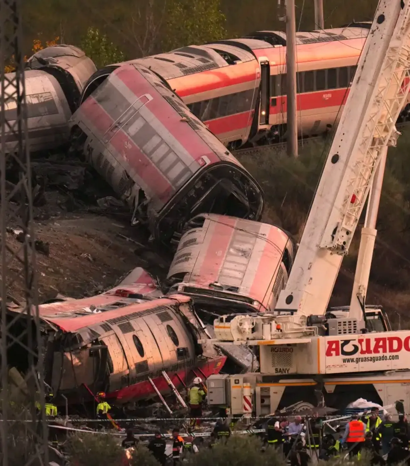 The wrecked carriages and a lifting crane at Urda on Wednesday evening