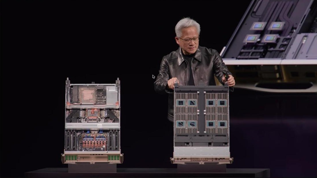 Jensen Huang between the old Grace Blackwell tray and the new Vera Rubin, GTC Berlin keynote